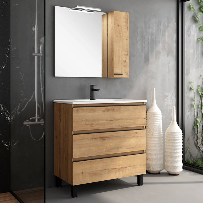 Vatilla 800mm Floorstanding Vanity Unit with Matt Black Handles - Ostippo Oak