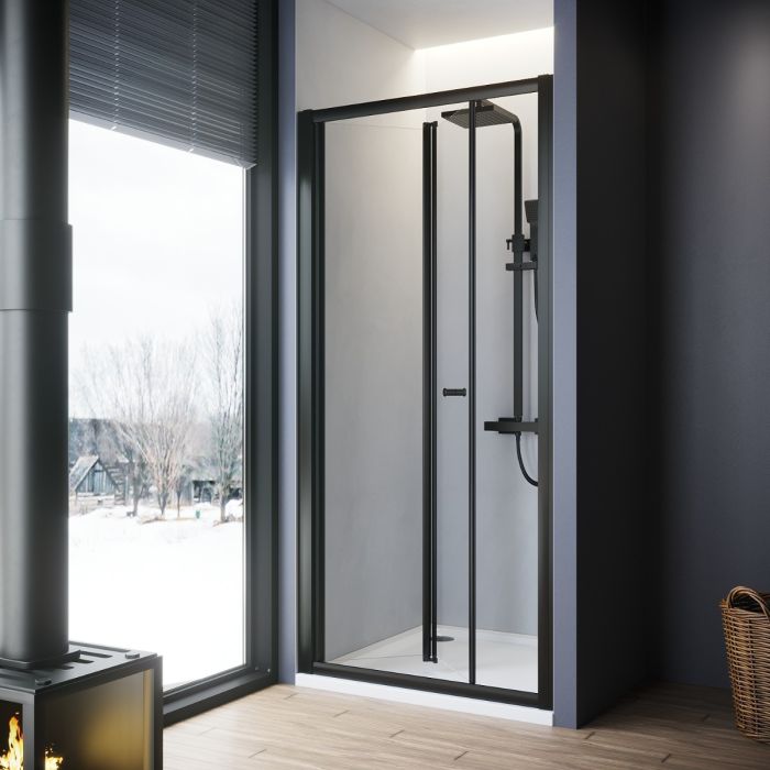 Linea 860mm Framed Bi Fold Shower Door 5mm Clear Glass - Matt Black