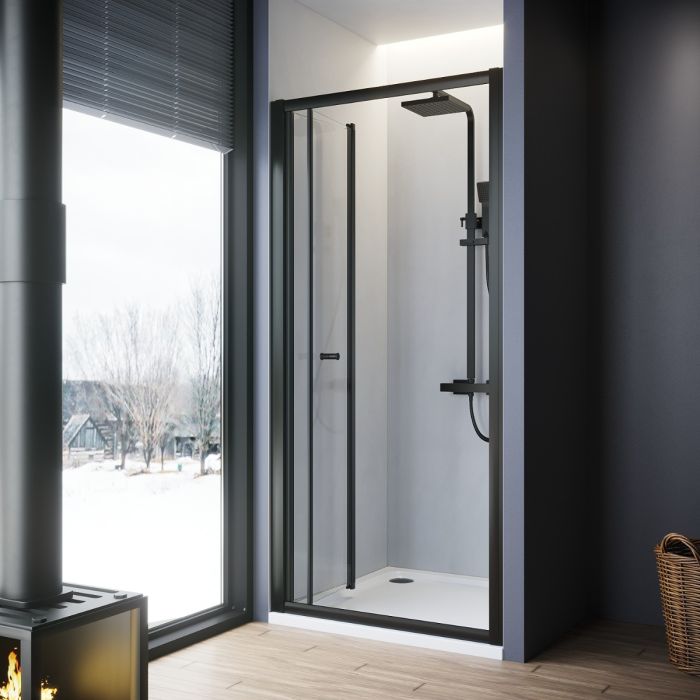 Linea 860mm Framed Bi Fold Shower Door 5mm Clear Glass - Matt Black