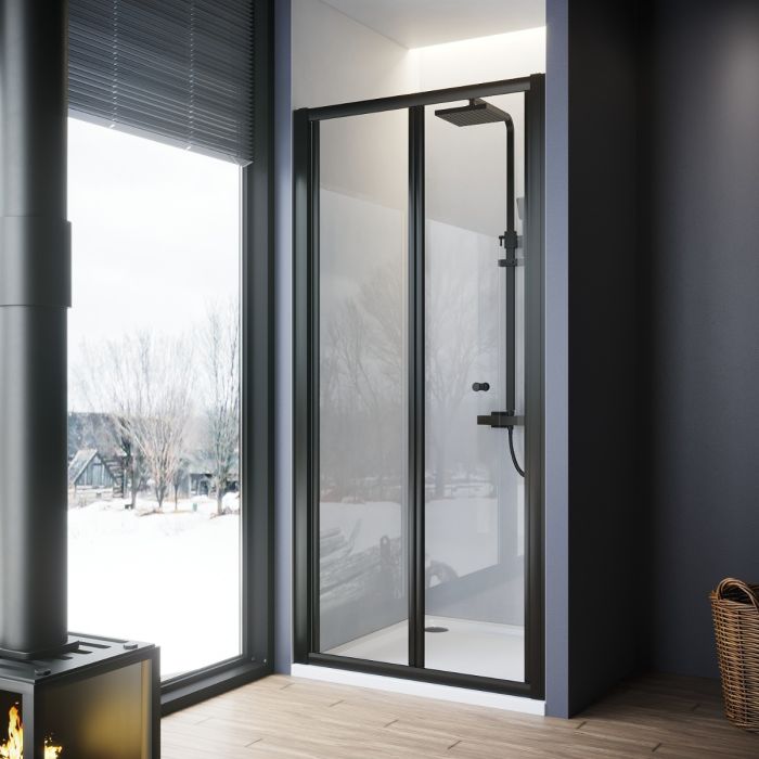 Linea 860mm Framed Bi Fold Shower Door 5mm Clear Glass - Matt Black