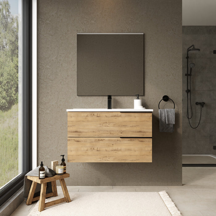 Celtic 800mm Wall Hung Vanity Unit with Matt Black Handles - Ostippo Oak