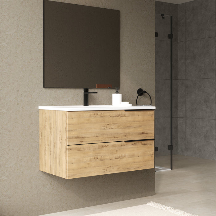 Celtic 800mm Wall Hung Vanity Unit with Matt Black Handles - Ostippo Oak