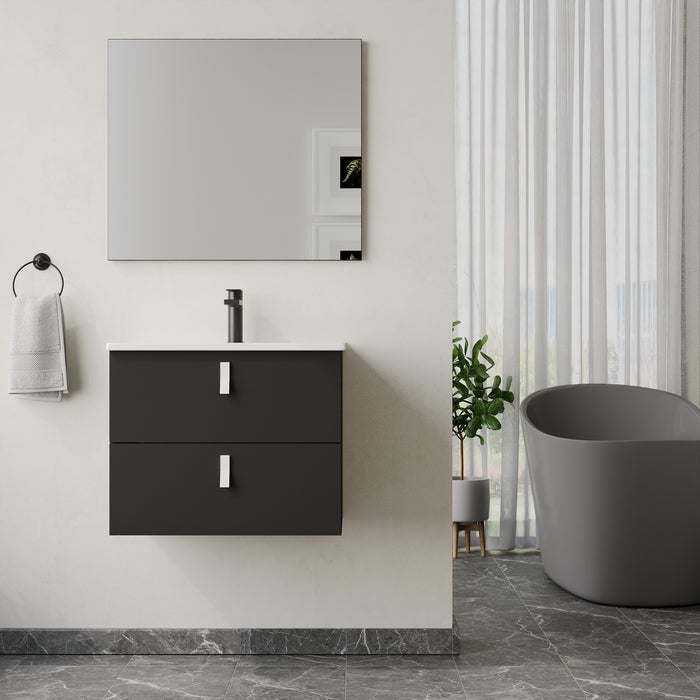 Invicta 600mm Wall Hung Vanity Unit with White Handles - Matt Black