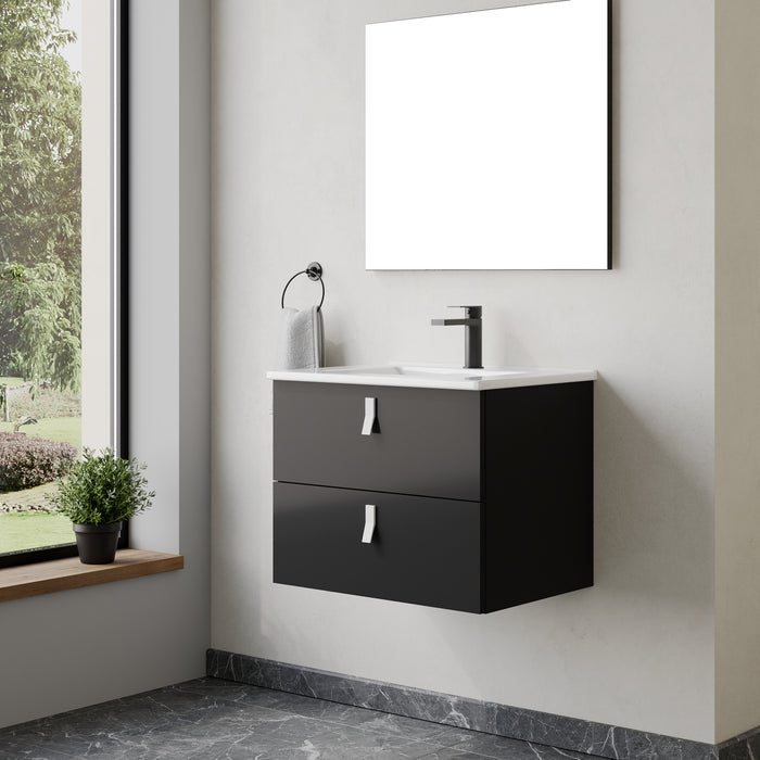 Invicta 600mm Wall Hung Vanity Unit with White Handles - Matt Black