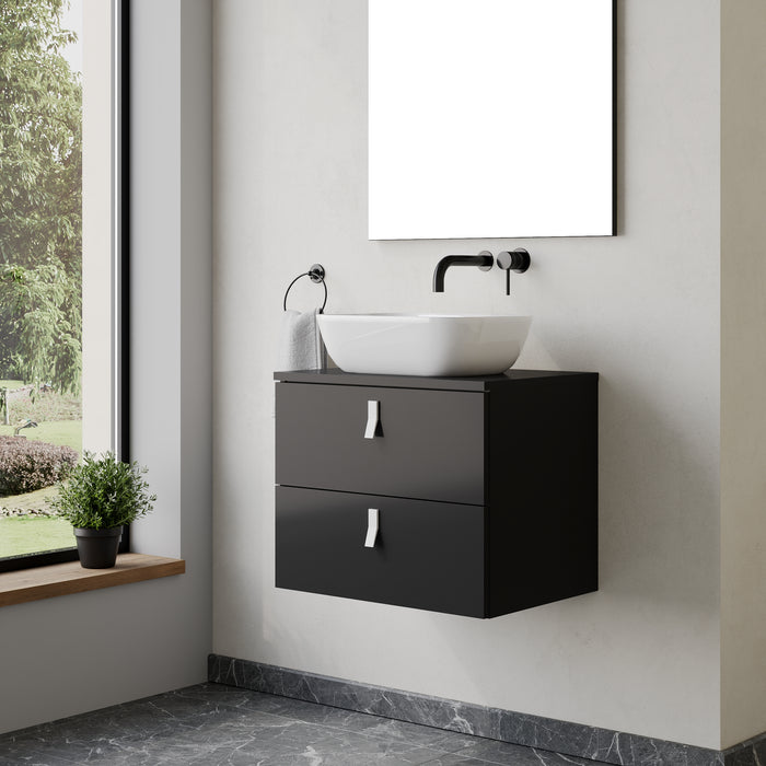 Invicta 600mm Wall Hung Vanity Unit with White Handles - Matt Black