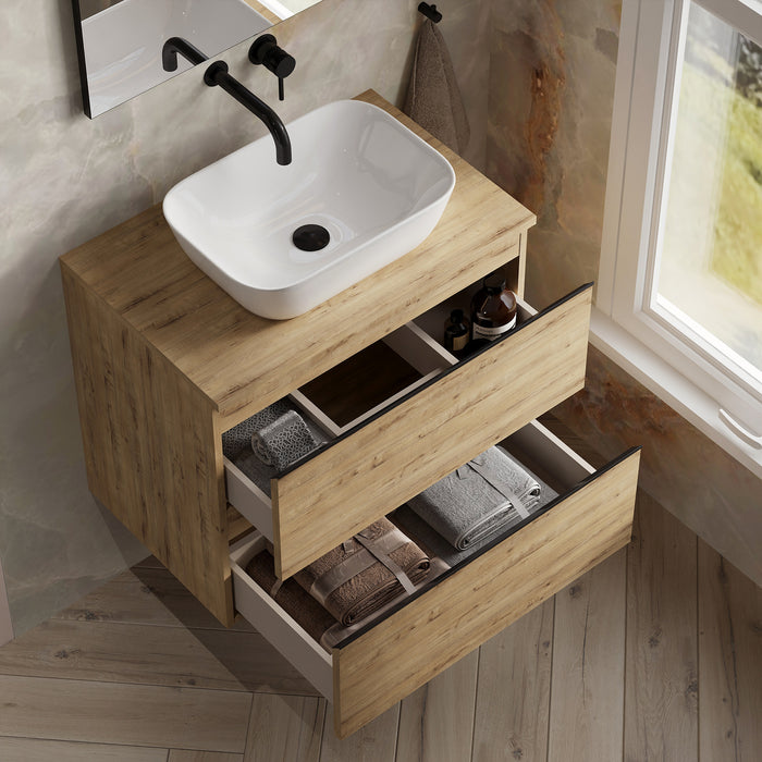 Vatilla 800mm Wall Hung Vanity Unit with Matt Black Handles - Ostippo Oak