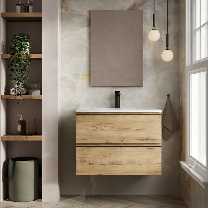 Vatilla 800mm Wall Hung Vanity Unit with Matt Black Handles - Ostippo Oak