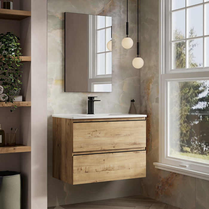 Vatilla 800mm Wall Hung Vanity Unit with Matt Black Handles - Ostippo Oak