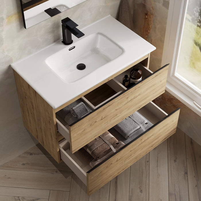 Vatilla 800mm Wall Hung Vanity Unit with Matt Black Handles - Ostippo Oak