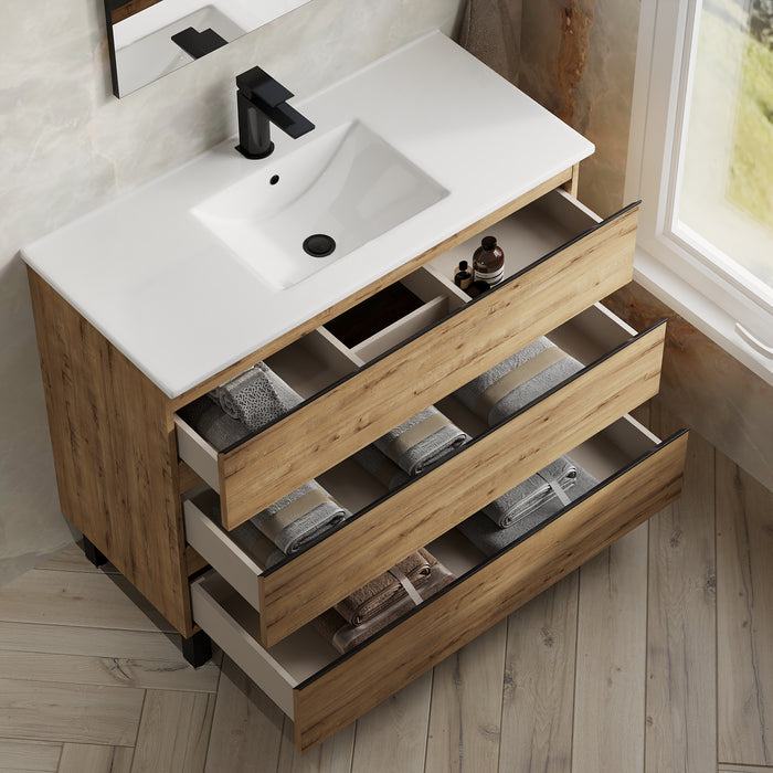 Vatilla 1000mm Floorstanding Vanity Unit with Matt Black Handles - Ostippo Oak