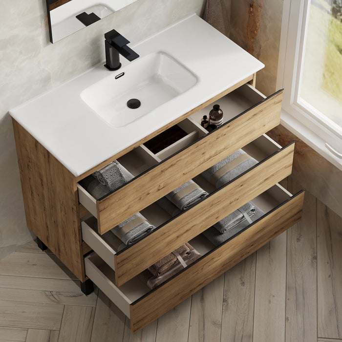 Vatilla 1000mm Floorstanding Vanity Unit with Matt Black Handles - Ostippo Oak