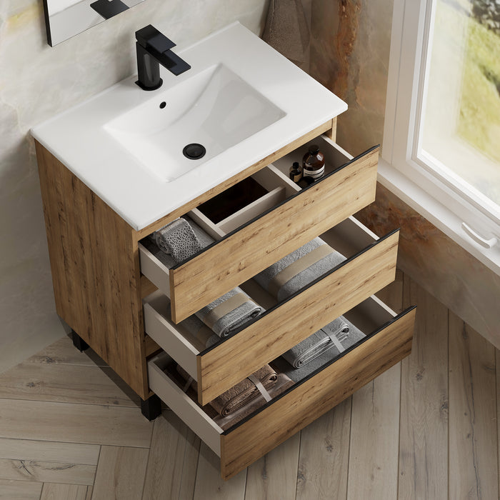 Vatilla 700mm Floorstanding Vanity Unit with Matt Black Handles - Ostippo Oak