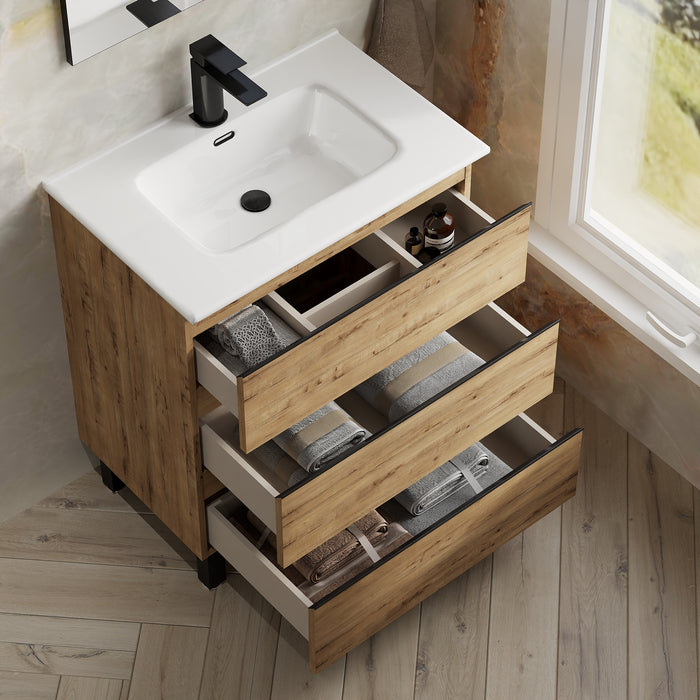 Vatilla 700mm Floorstanding Vanity Unit with Matt Black Handles - Ostippo Oak