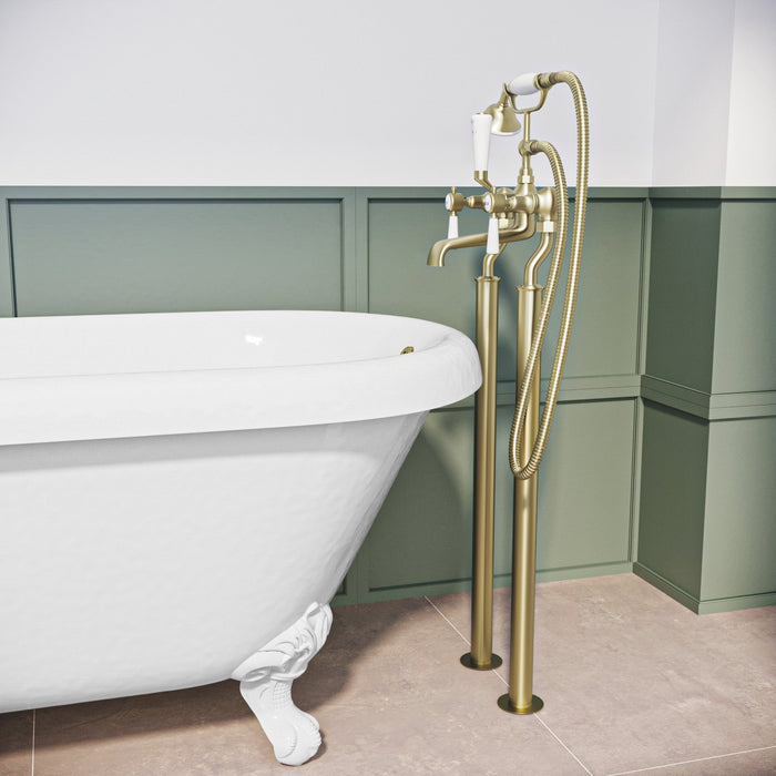 Oxford Floorstanding Bath Shower Mixer with Handset & Shrouds - Brushed Brass