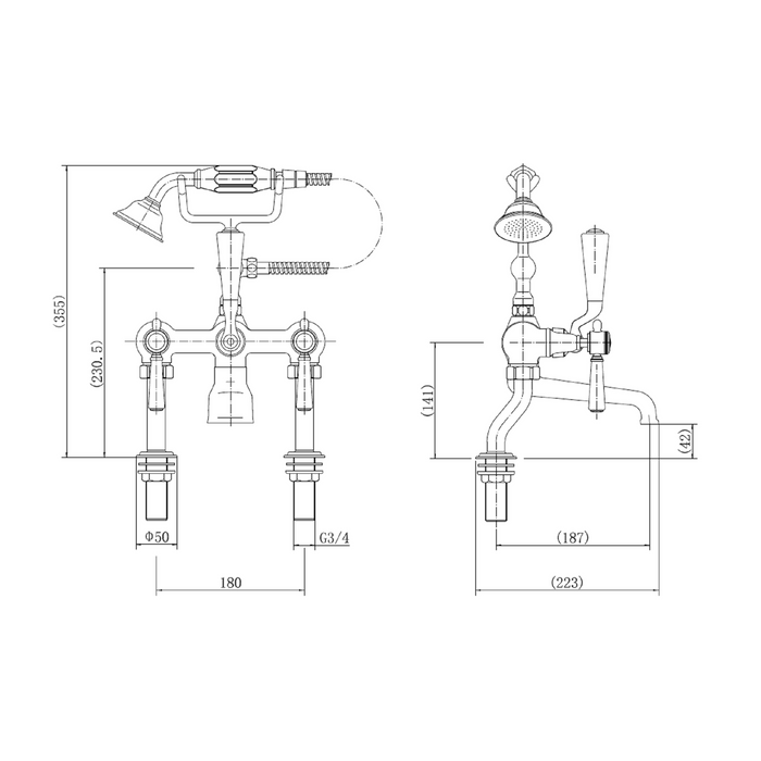 Oxford Floorstanding Bath Shower Mixer with Handset & Shrouds - Brushed Brass