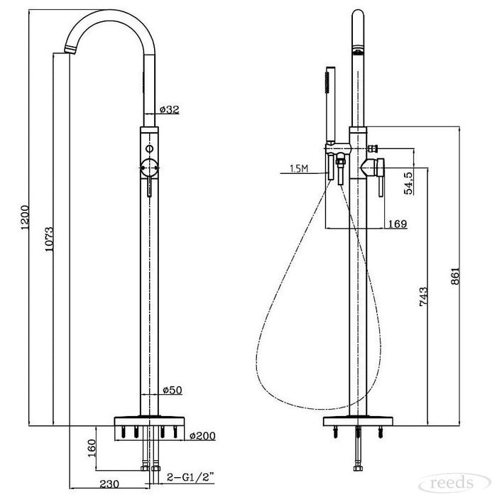 Kartell KVIT Ottone Freestanding Bath Shower Mixer - Brushed Brass