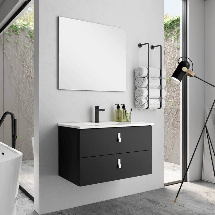 Invicta 600mm Wall Hung Vanity Unit with White Handles - Matt Black