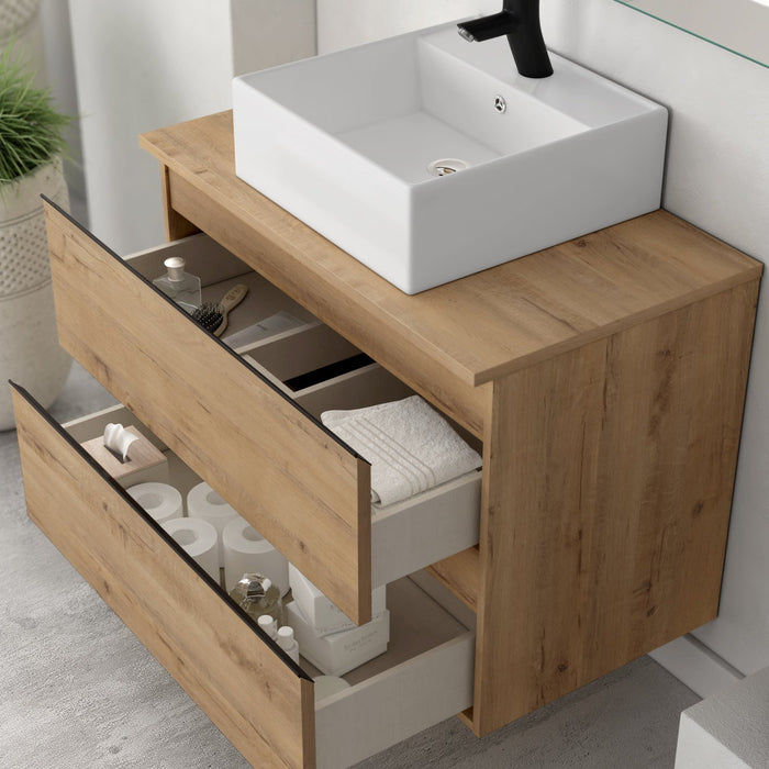 Vatilla 800mm Wall Hung Vanity Unit with Matt Black Handles - Ostippo Oak