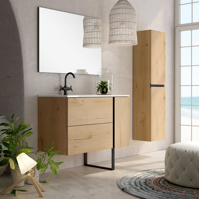 Evora 800mm Wall Hung Basin Unit with Matt Black Handles - Natural Oak