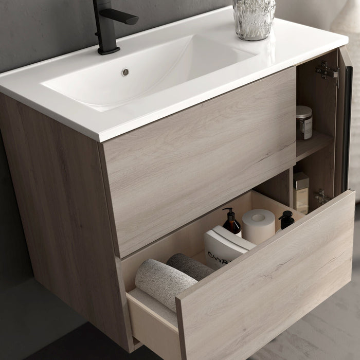 Evora 800mm Wall Hung Basin Unit with Matt Black Handles - Iron Oak