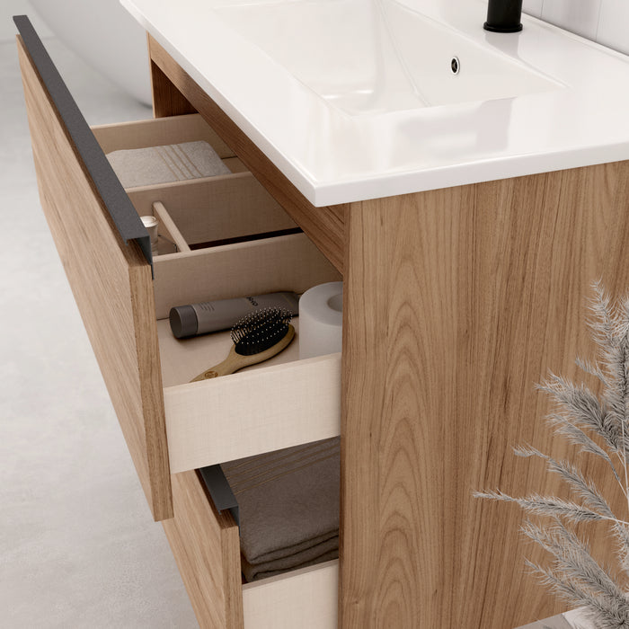 Akiro 800mm Wall Hung Vanity Unit with Matt Black Handles - Walnut