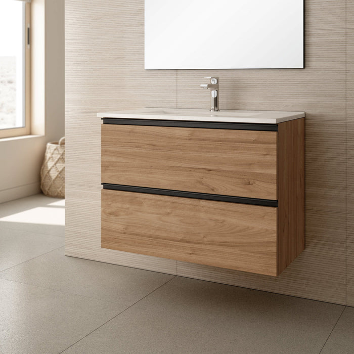 Akiro 800mm Wall Hung Vanity Unit with Matt Black Handles - Walnut