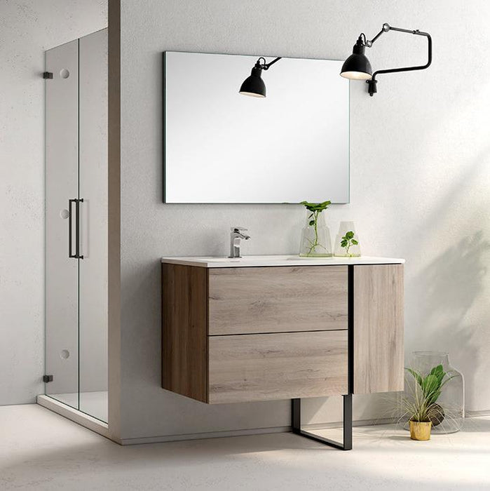 Evora 800mm Wall Hung Basin Unit with Matt Black Handles - Iron Oak