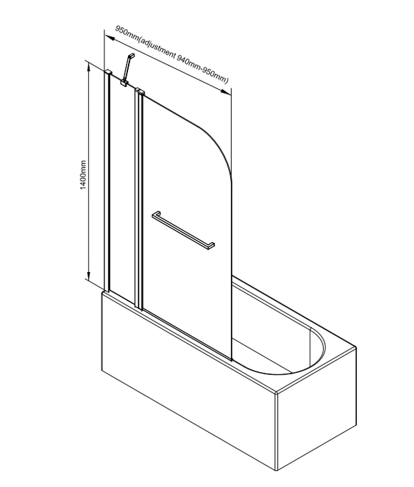 ATC 950 x 1400 Radius Curved Bath Screen with Extension & Towel Rail  - Chrome