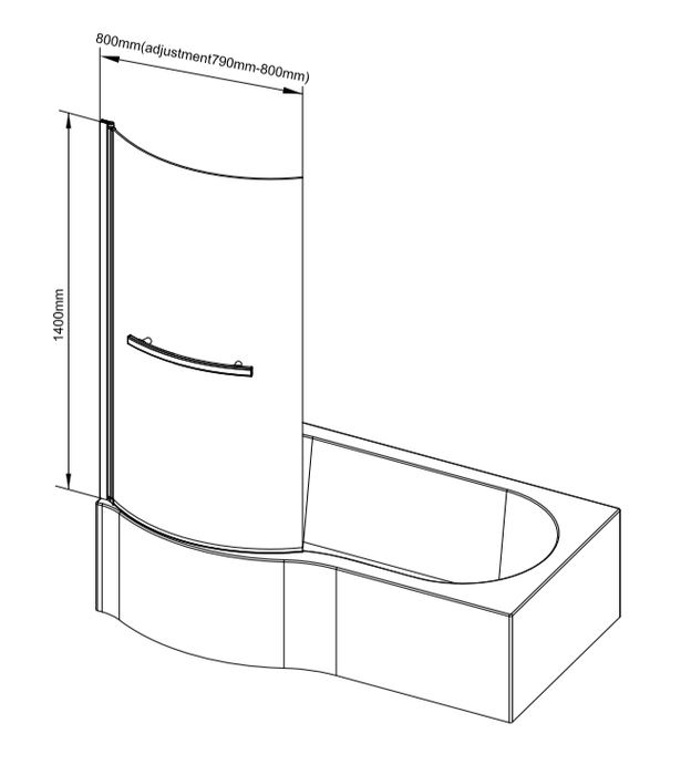 ATC 800 x 1400 P Shape Curved Bath Screen with Towel Rail - Chrome