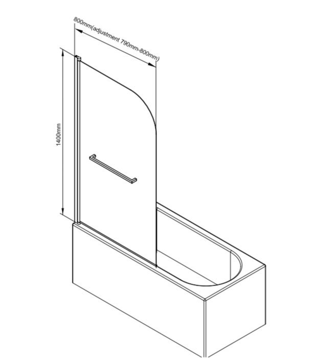 ATC 800 x 1400 Radius Curved Bath Screen with Towel Rail - Chrome