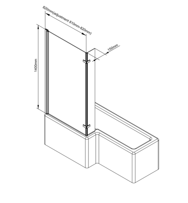 ATC 820 x 1400 L-Shape Bath Screen - Matt Black