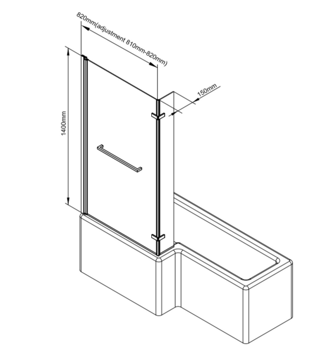 ATC 820 x 1400 L-Shape Bath Screen with Towel Rail - Chrome