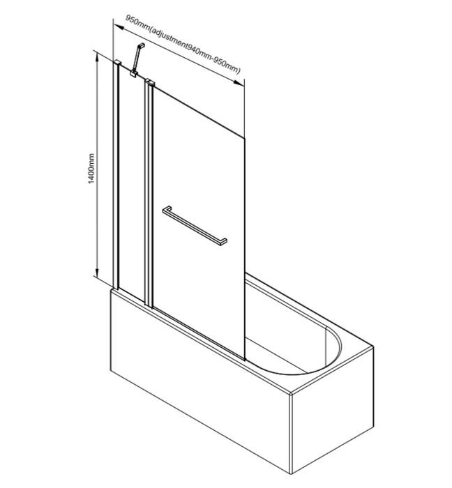 ATC 950 x 1400 Square Straight Bath Screen with Extension & Towel Rail - Chrome