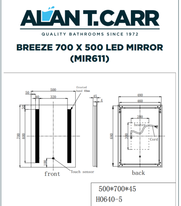 ATC Breeze 700 x 500 LED Mirror