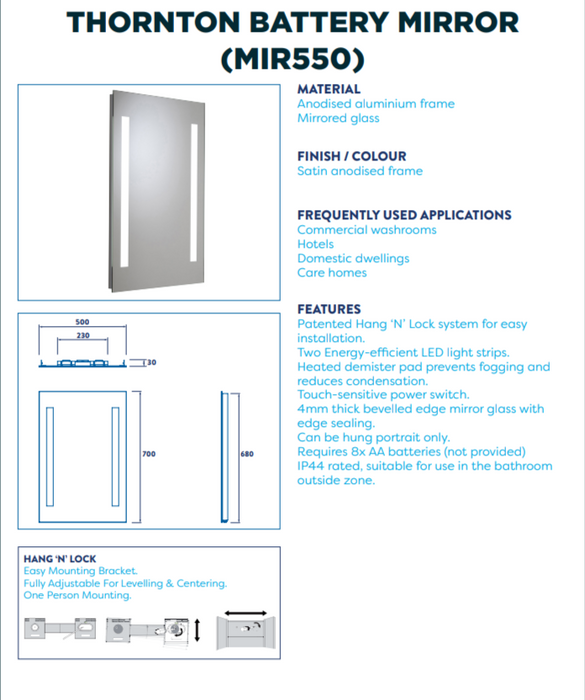 ATC Thornton 600 x 400 Battery Operated LED Mirror