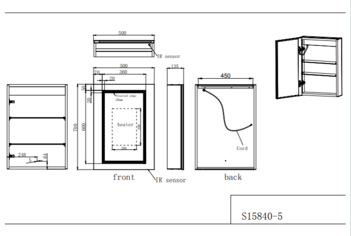 ATC Remy 700 x 500 Single Illuminated Mirror Cabinet with Sensor Switch