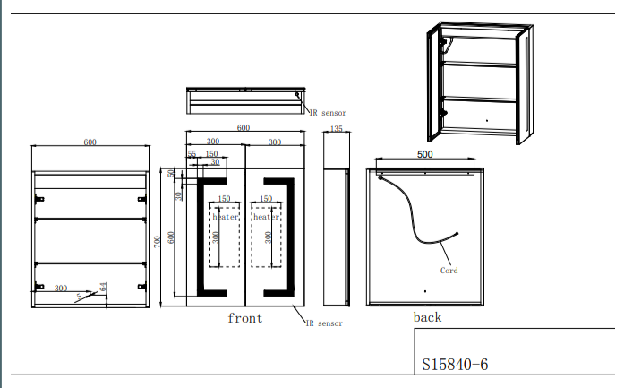 ATC Remy 700 x 600 Double  Illuminated Mirror Cabinet with Sensor Switch