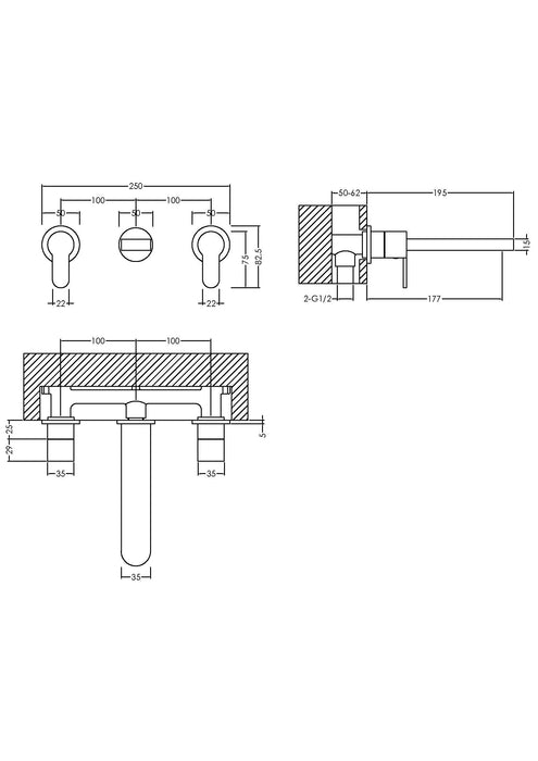 ROMA Arvan Wall Mounted 3 Hole Basin Mixer - Chrome