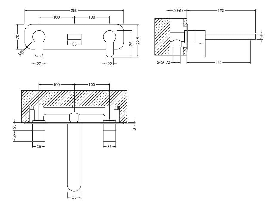 ROMA Arvan Wall Mounted 3 Hole Basin Mixer with Plate - Chrome