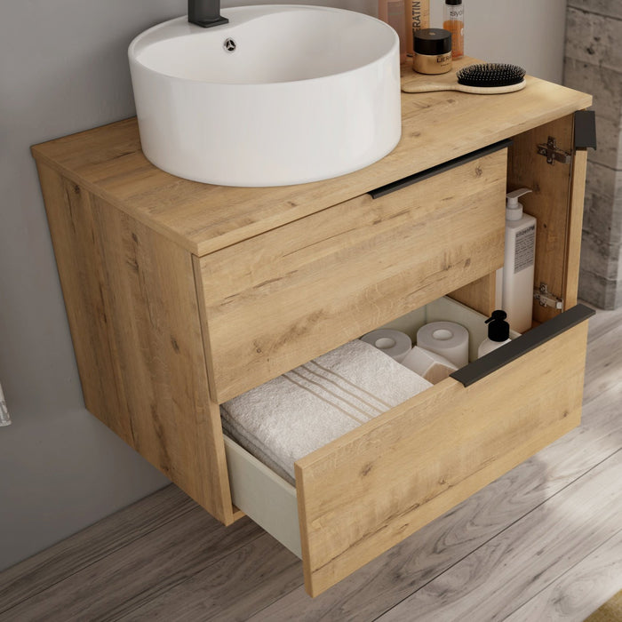 Celtic Duo 800mm Wall Hung Vanity Unit with Door & Worktop - Ostippo Oak