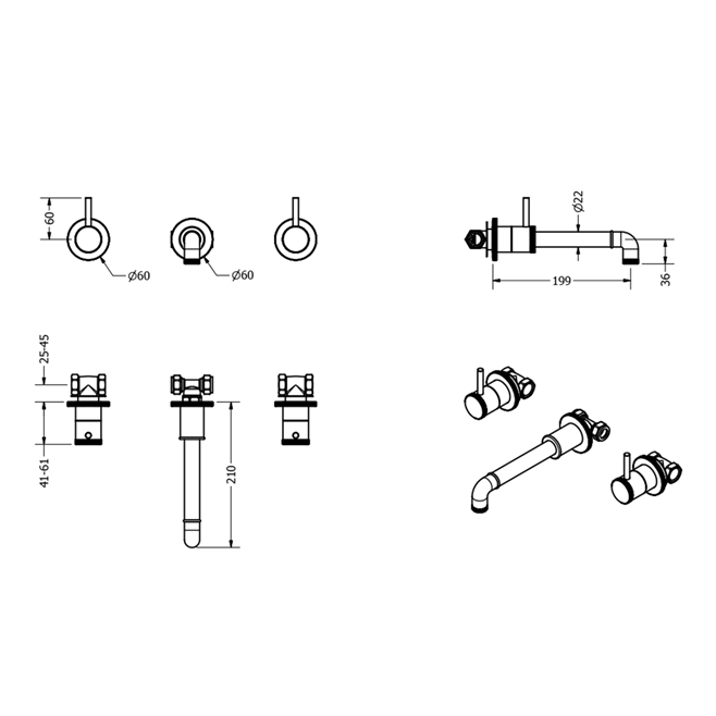 Crosswater MPRO Industrial 3 Hole Wall Mounted Basin Mixer Tap