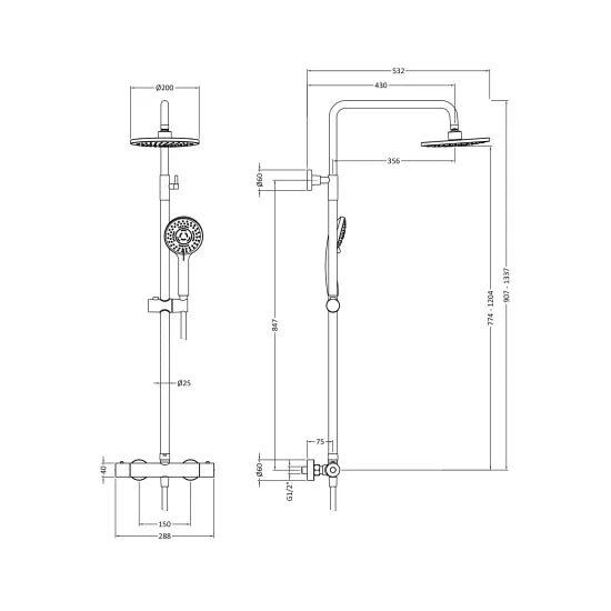 ROMA Matt Black Round Shower Kits Thermostatic Bar Shower With Kit