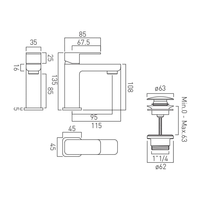 Vado Phase Mini Mono Basin Mixer with Universal Waste