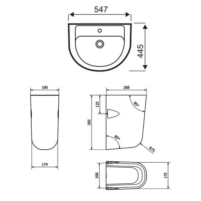 Kartell KVIT Bijoux 550mm 1 Tap Hole Basin with Semi Pedestal