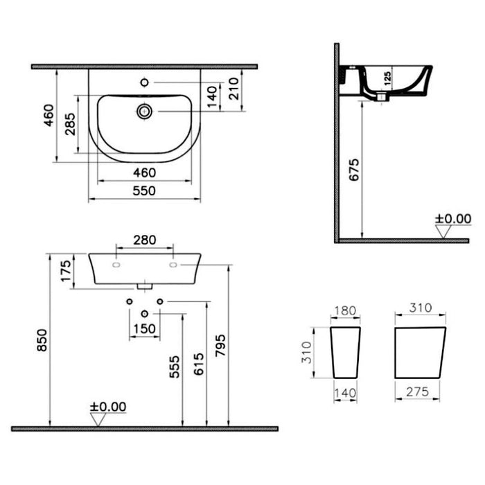 Kartell KVIT Eklipse 550mm 1 Tap Hole Basin with Semi Pedestal