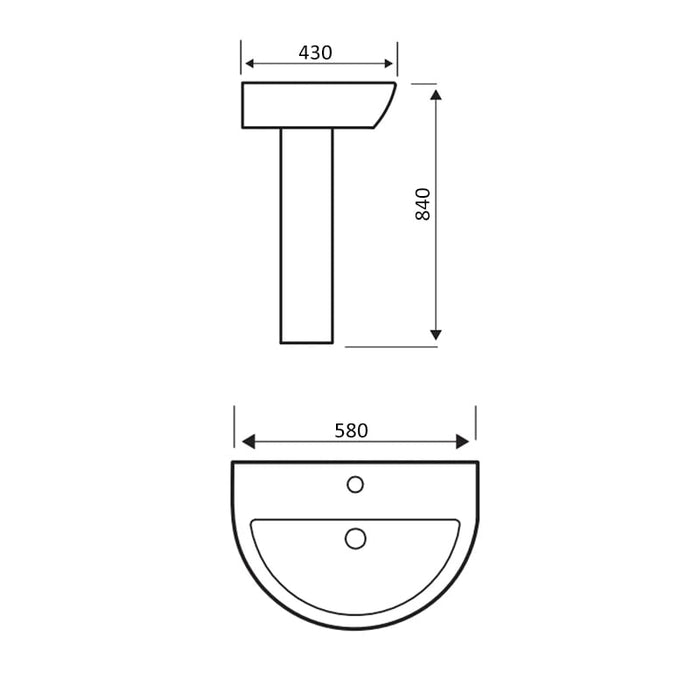 Kartell KVIT Genoa 550mm 1 Tap Hole Basin with Full Pedestal