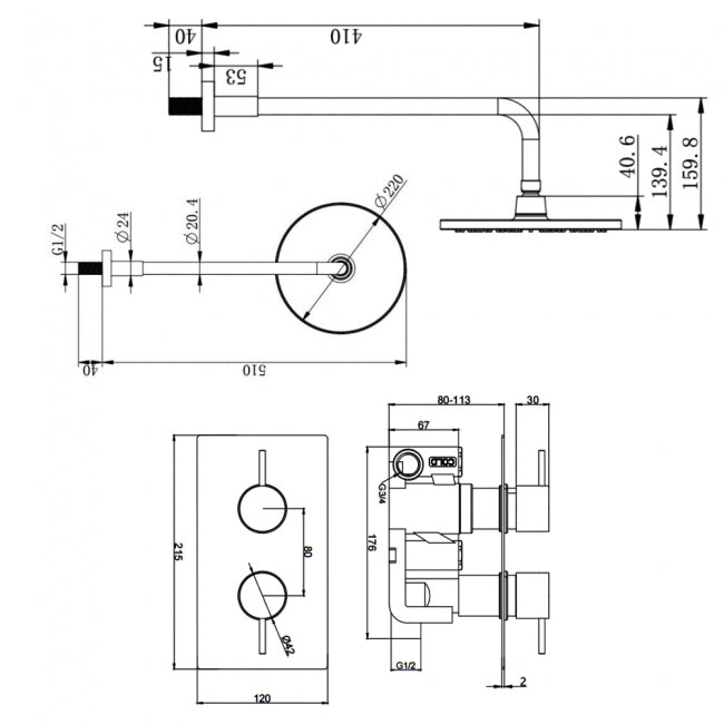 Kartell KVIT Nero Matt Black Round Thermostatic Concealed Shower with Fixed 200mm Overhead Drencher