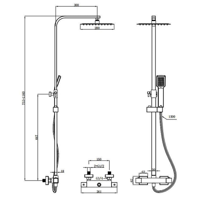 Kartell KVIT Nero Matt Black Square Thermostatic Exposed Bar Shower