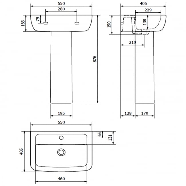 Kartell KVIT Options 550mm 1 Tap Hole Basin with Semi Pedestal