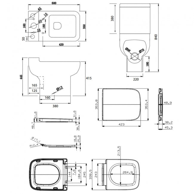 Kartell KVIT Options 600 Rimless Close Coupled Open Back WC Pan with Soft Cose Seat